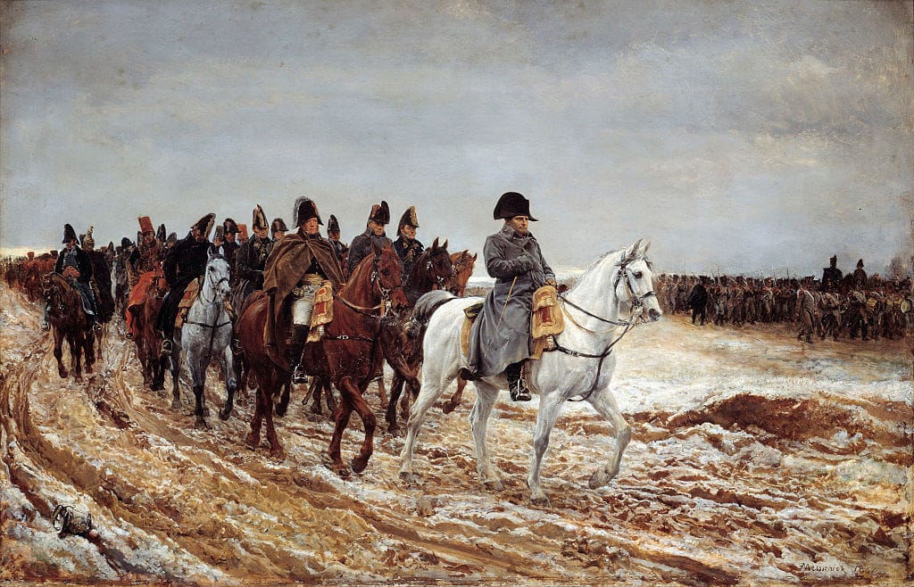 Französischer Feldzug, 1814: Napoleon I. (1769-1821) gefolgt von Marschall Michel Ney (1769-1815) und Berthier
