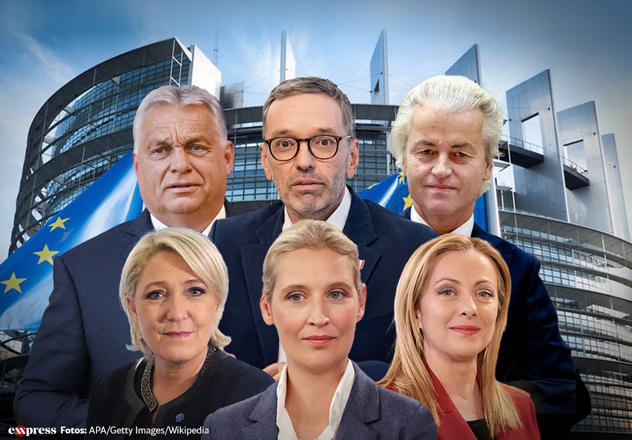 Sechs der bekanntesten Rechtspolitiker Europas: Orban, Kickl, Wilders, Le Pen, Weidel, Meloni.