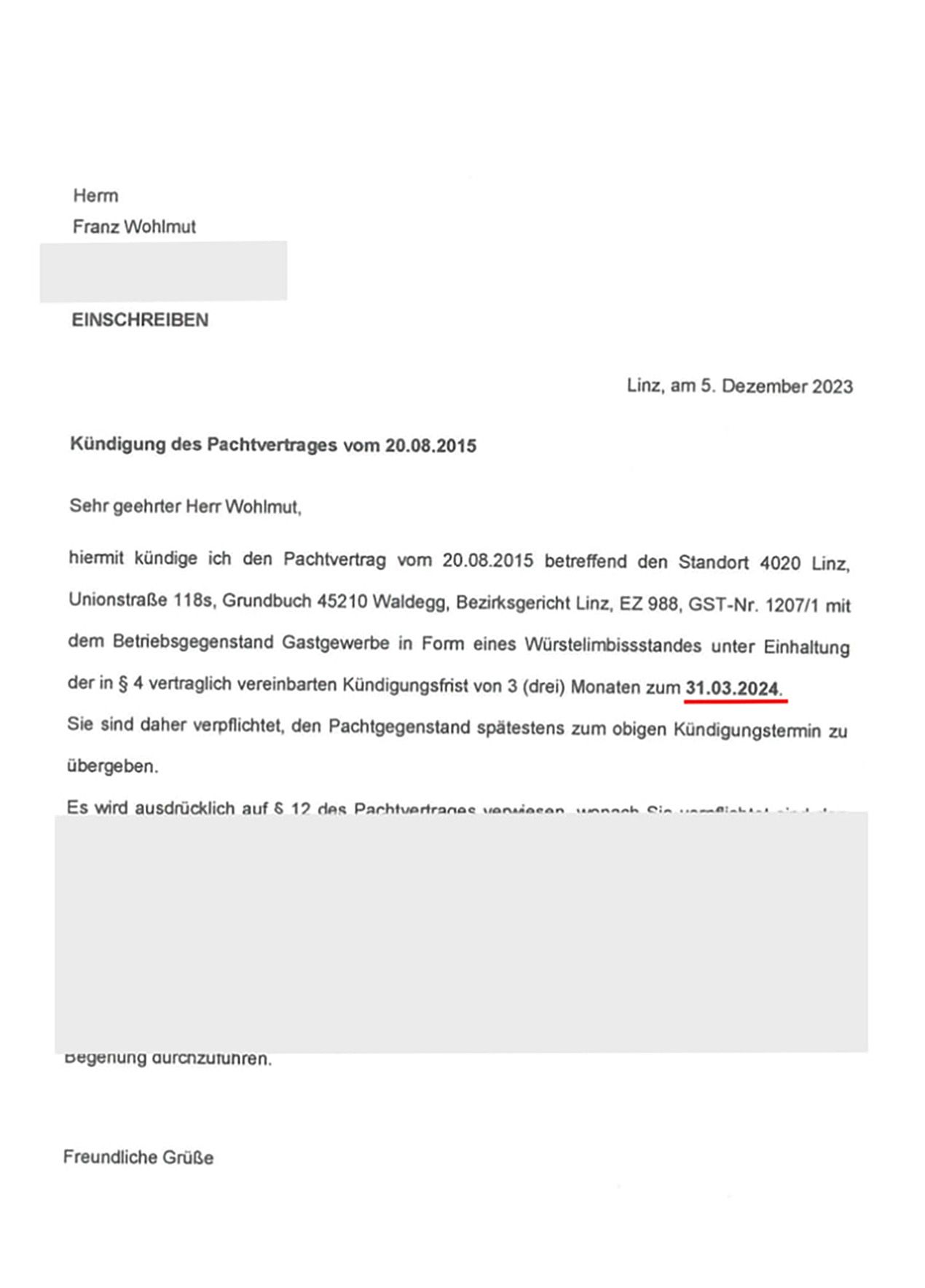 Auch das Kündigungsschreiben postet der