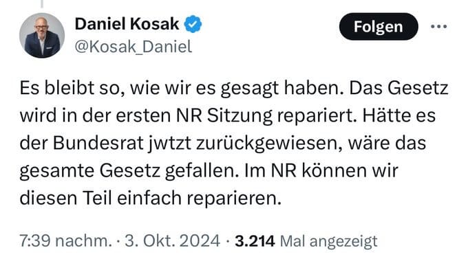 Der Pressesprecher von Bundeskanzler Karl Nehammer, Daniel Kosak, bemüht sich auf X um Schadensbegrenzung.
