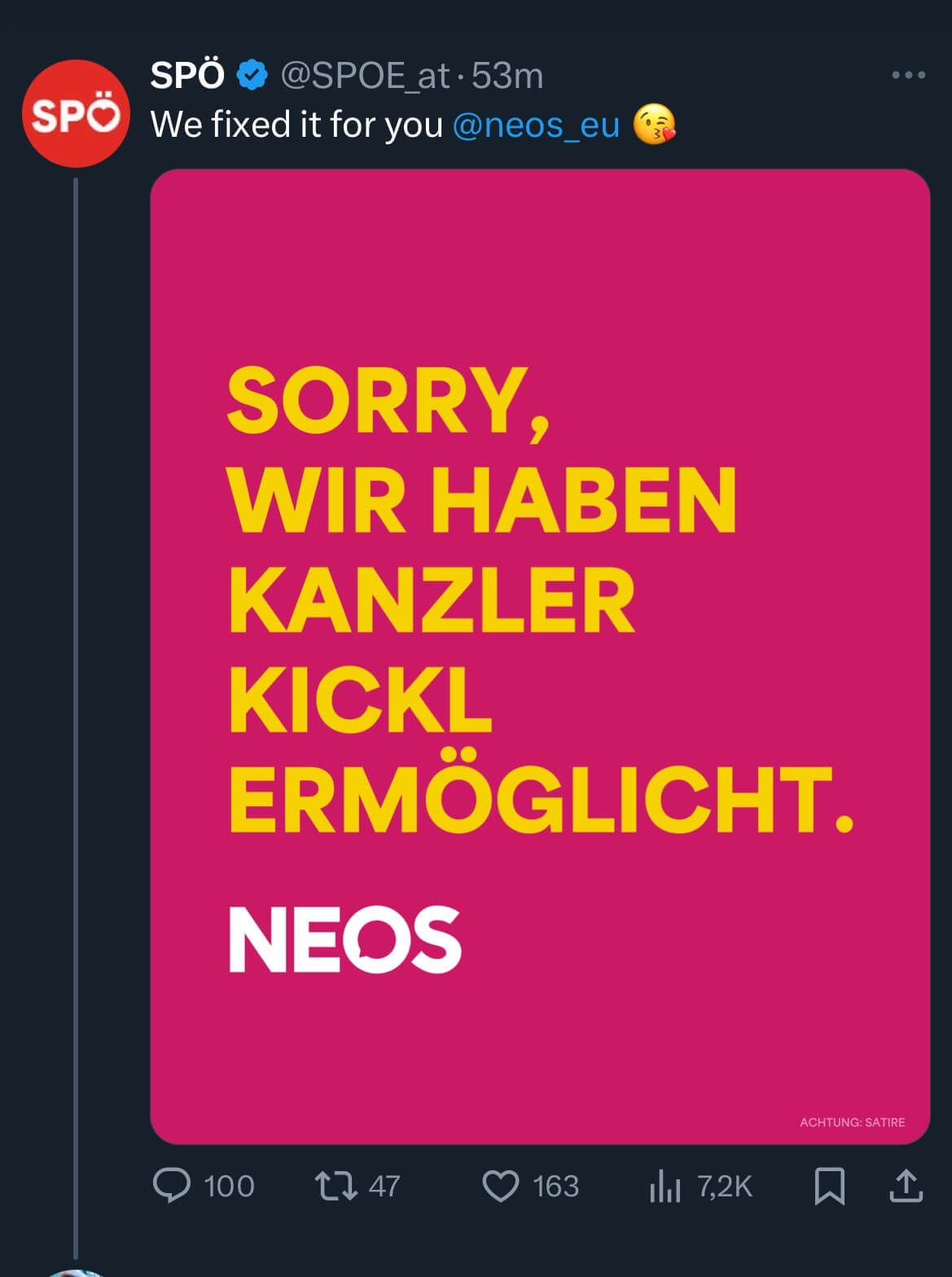 Mit diesem X-Posting im Stil der NEOS sorgte die SPÖ für viel Kritik