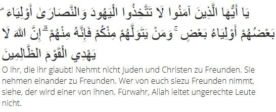 Sure 5, Vers 51 wie von Milli Görüs übersetzt.