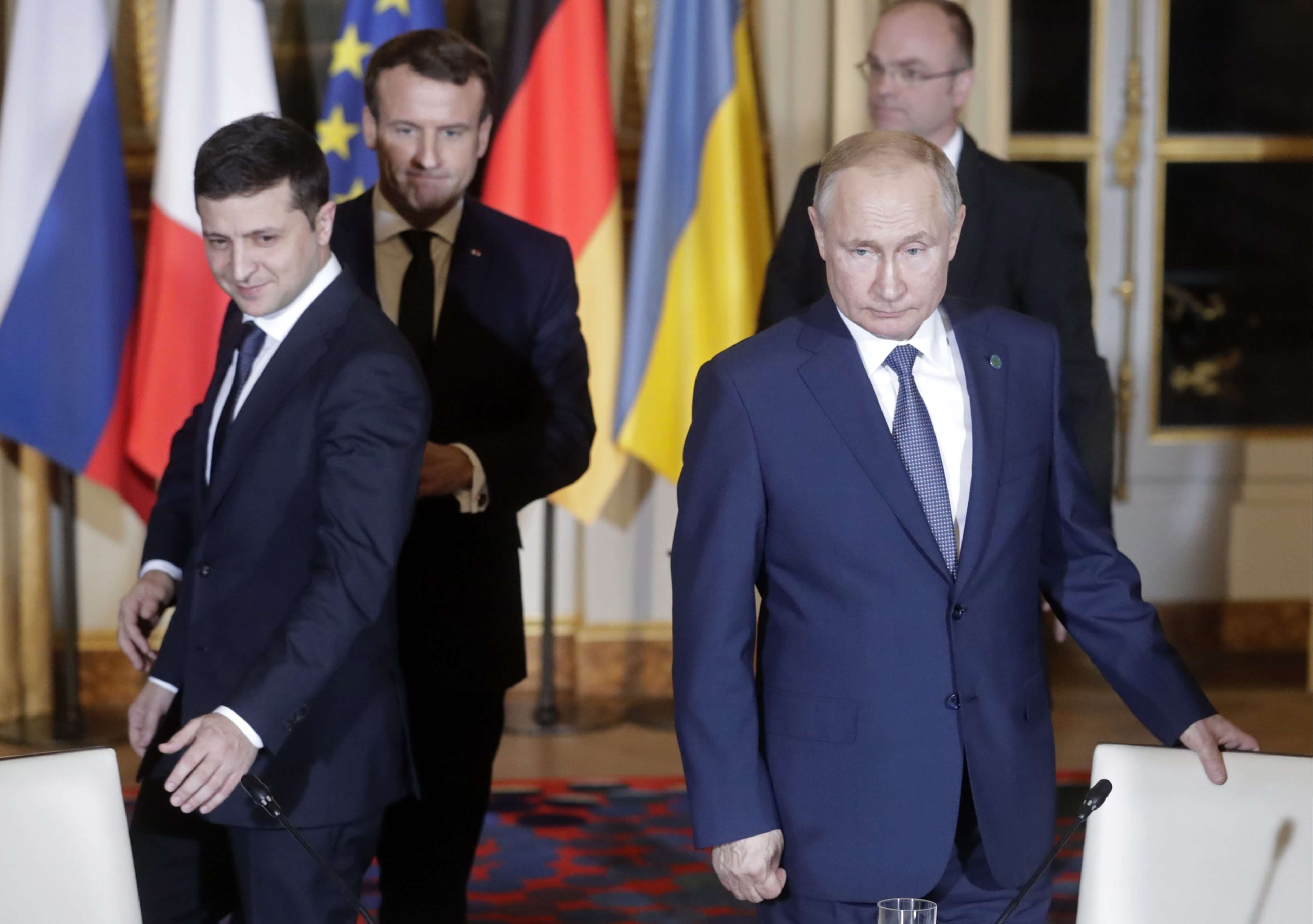 Die Präsidenten der Ukraine, Frankreichs und Russlands im Jahr 2019: Wolodmyr Selenskyj (li.), Emmanuel Macron (Mi.) und Wladimir Putin