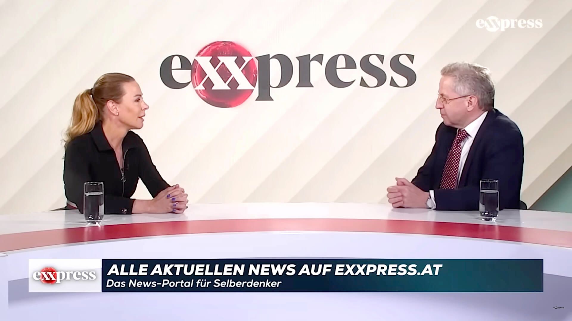 exxpress-Chefin Eva Schütz (l.) im spannenden Studio-Gespräch mit Ex-Verfassungsschutzchef Hans-Georg Maaßen über Faeser, die AfD und den Missbrauch der Institutionen.