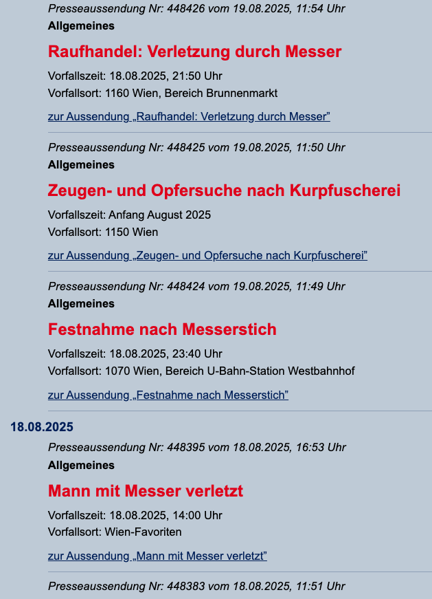 Ein Blick auf die aktuellen Presseaussendungen der LPD Wien.