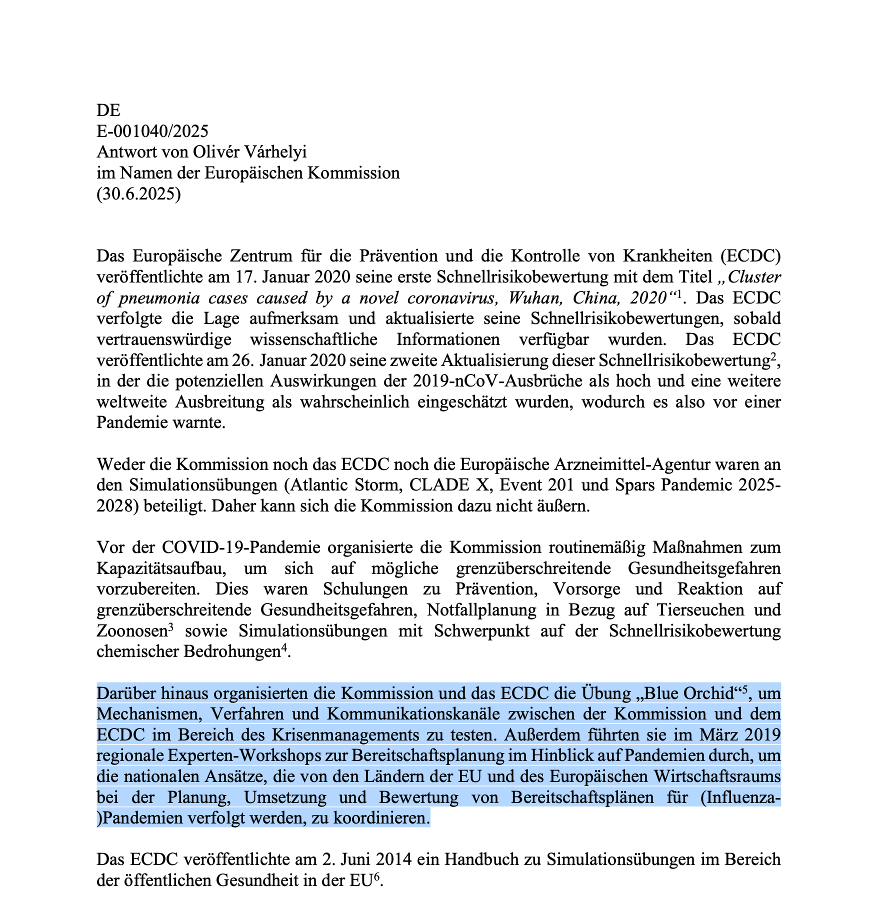 Anfrage Beantwortung durch die Europäische Kommission vom 30.Juni 2025.