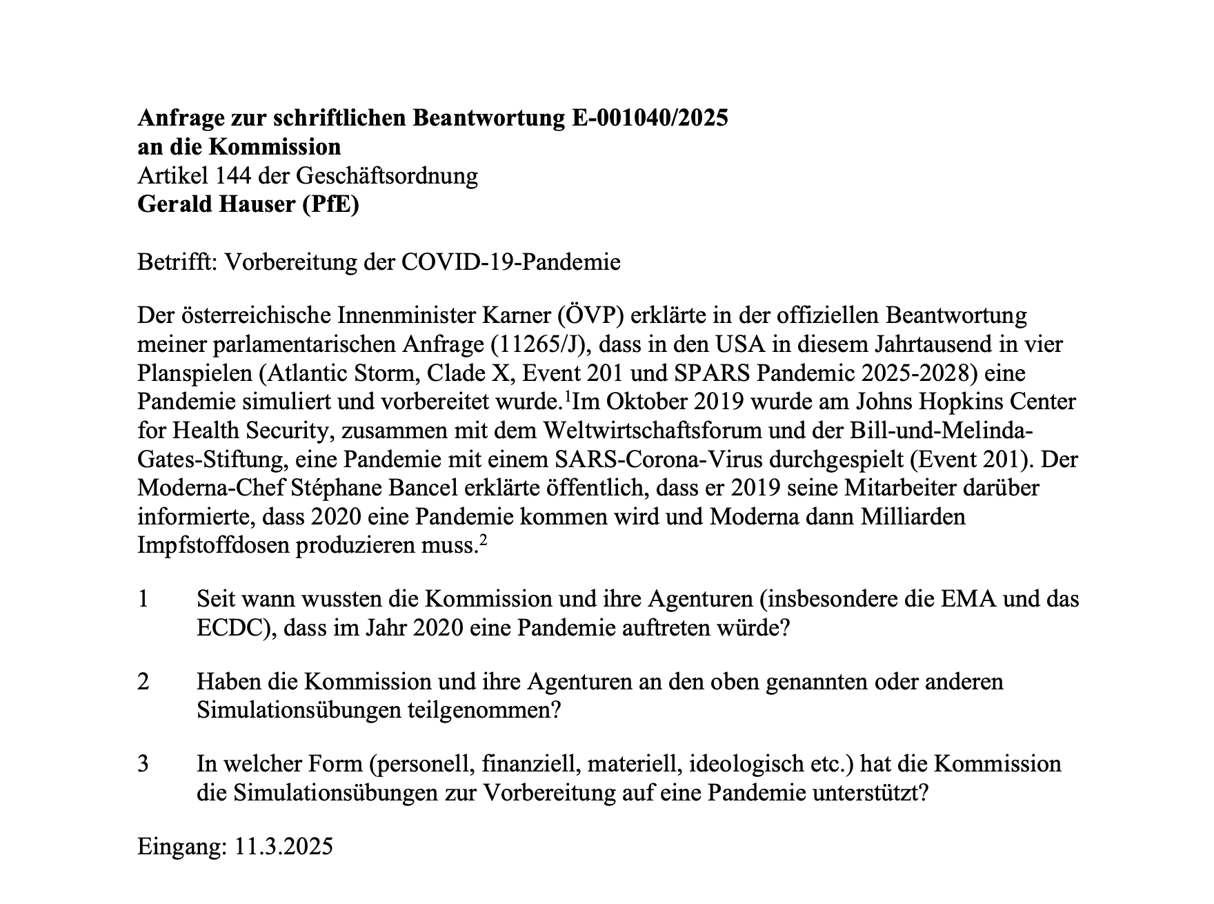 Anfrage von Abg. Hauser vom 11. März 2025