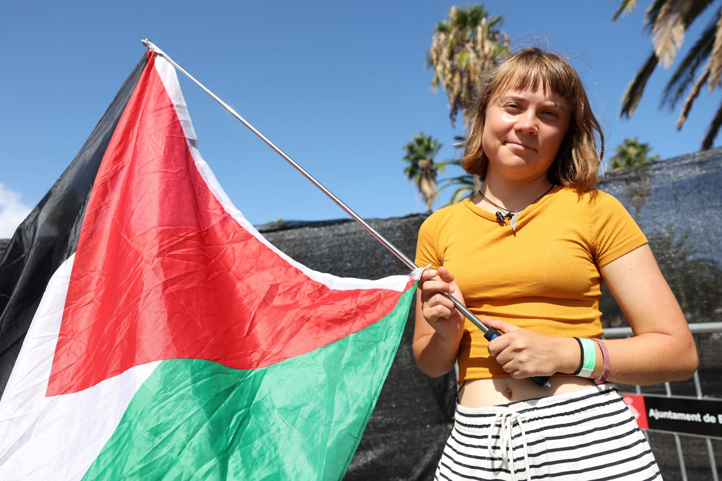 Die Klima-Ikone posiert mit palästinensischer Flagge – kurz vor dem Start des umstrittenen Konvois.