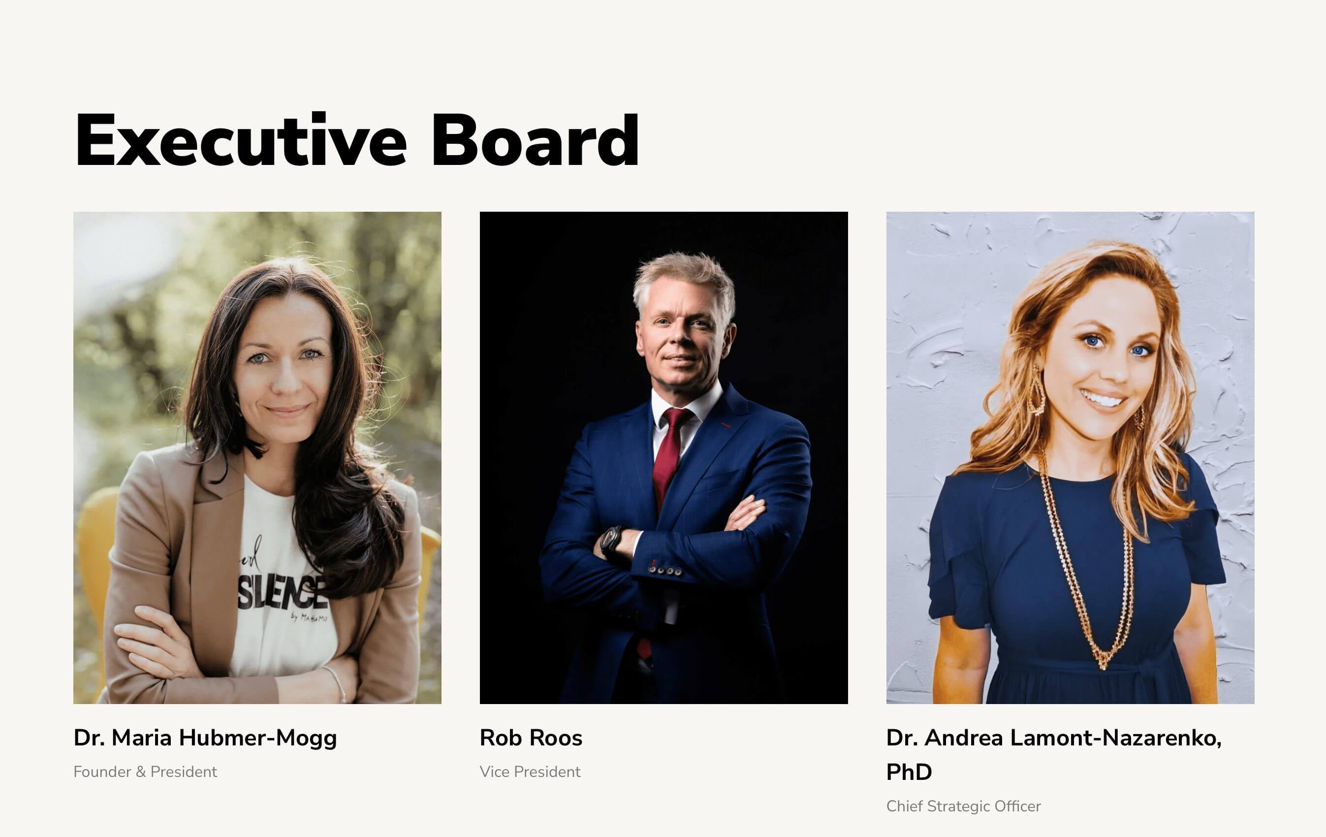 Der Vorstand von MEHA besteht u.a. aus Dr. Maria Hubmer-Mogg (Gründerin und Präsidentin), Rob Roos (Vizepräsident) und Dr. Andrea Lamont-Nazarenko, PhD (Leiterin für strategische Planung).