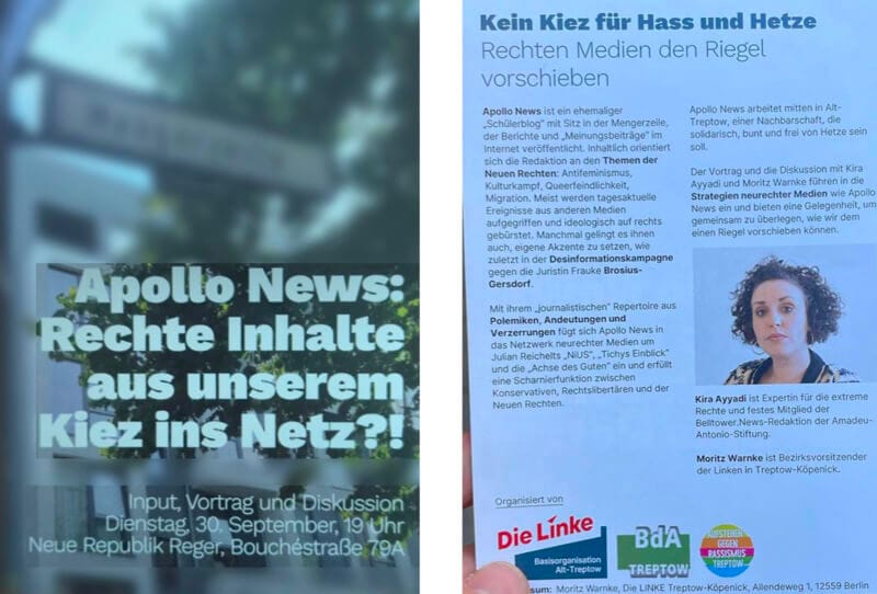 Mit diesem Flyer wollten die Linken Apollo News als Feind markieren.