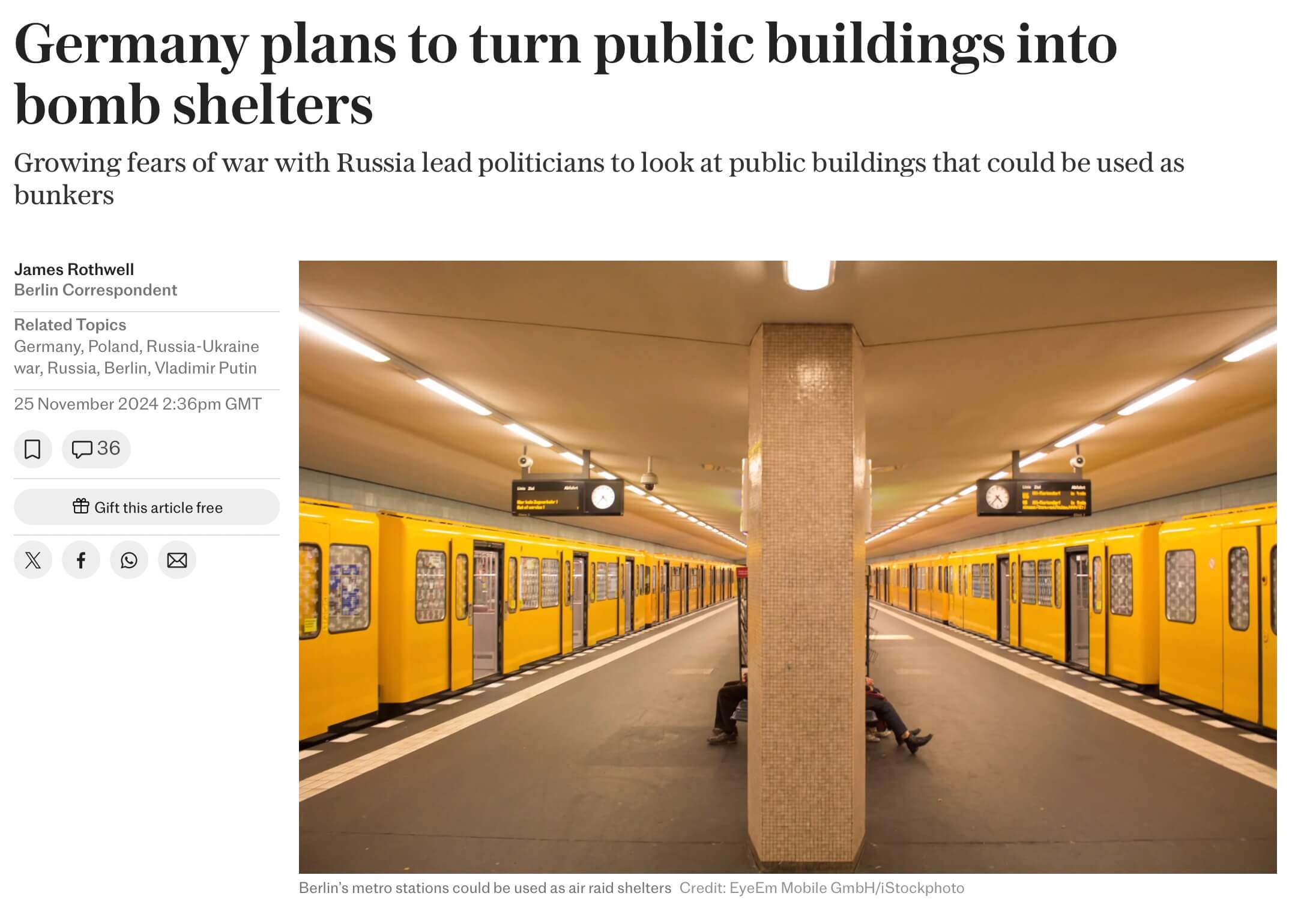 Berlin erwägt, öffentliche Gebäude und U-Bahn-Stationen zu Luftschutzkellern umzurüsten.