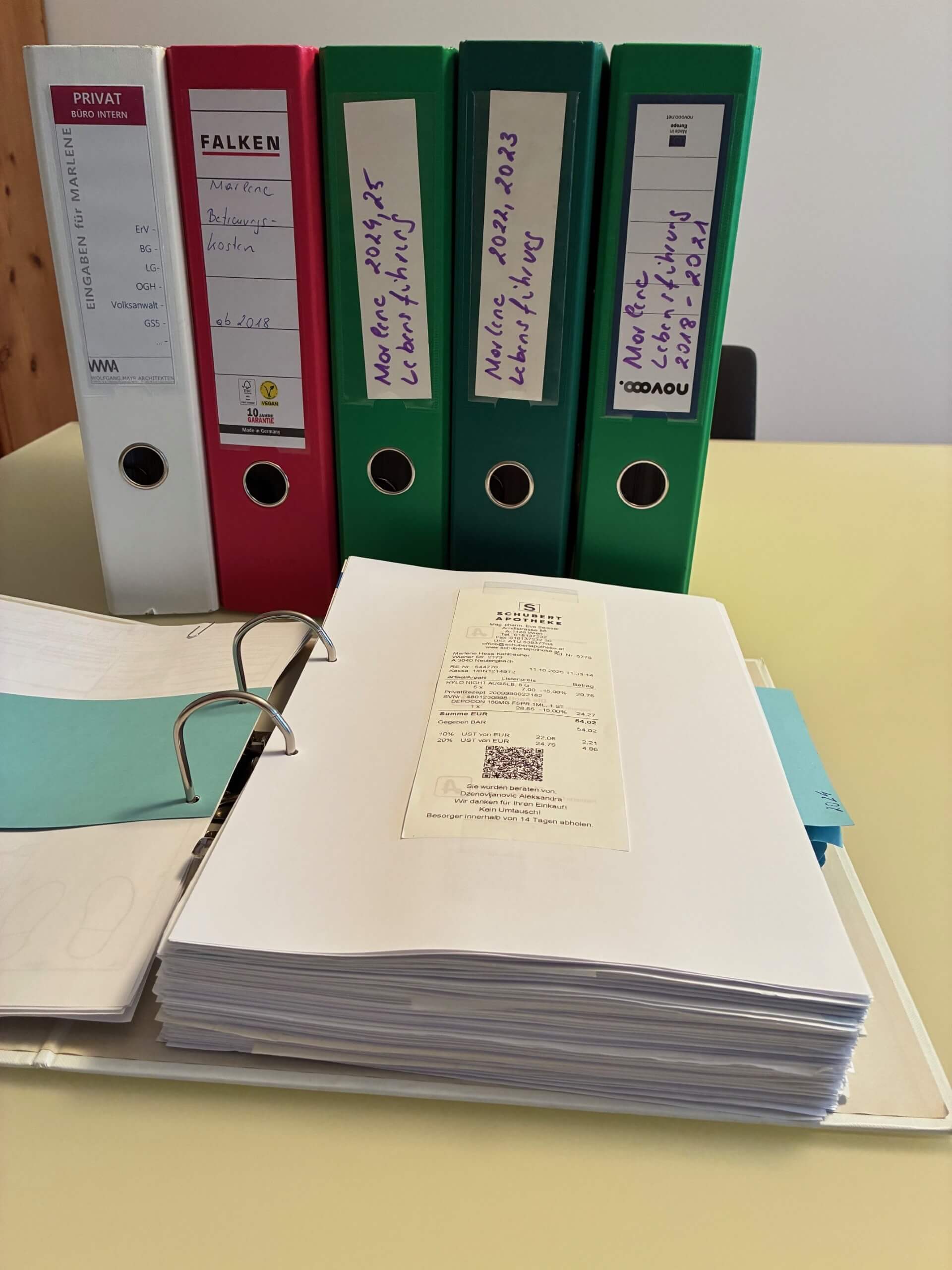Marlenes Mama dokumentiert seit Anbeginn alles ganz genau. Dabei haben sich inzwischen einige Mappe mit unzähligen Mails, Berichten und Schreiben gefüllt.