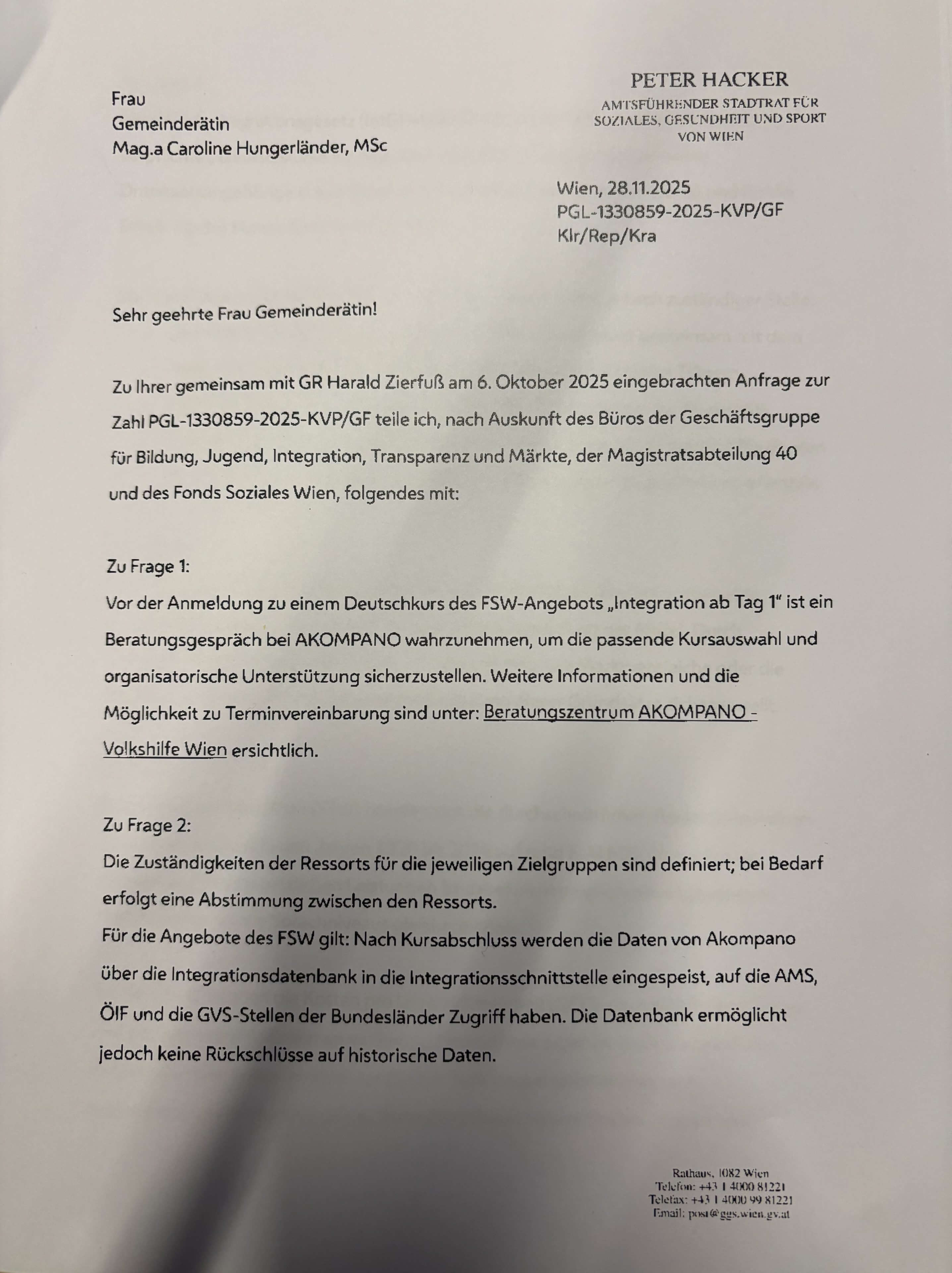 Stadtrat Peter Hacker (SPÖ) beantwortete die Fragen der ÖVP Wien.