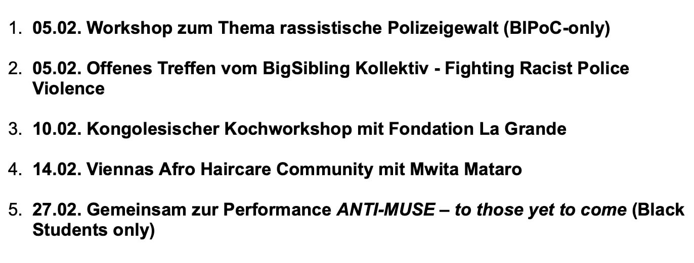 Auszug aus der ÖH-Aussendung: Mehrere Veranstaltungen sind als „BIPoC-only“ oder „Black Students only“ gekennzeichnet.