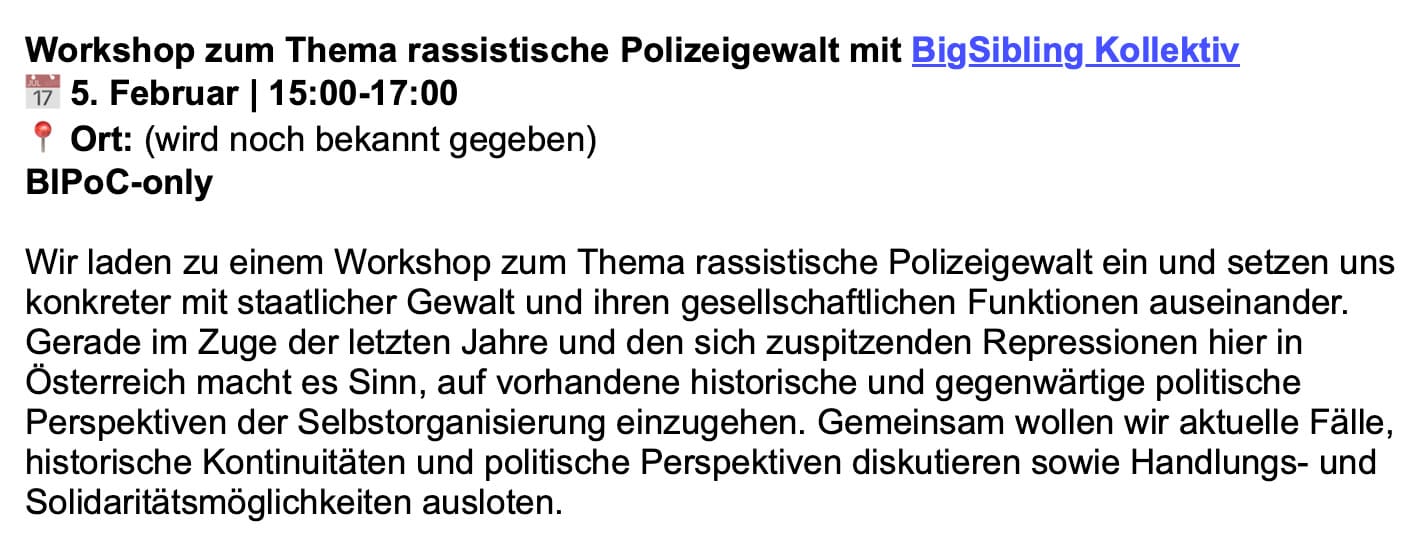 Der Workshop zum Thema „rassistische Polizeigewalt“ ist laut ÖH-Ausschreibung ausschließlich für „BIPoC“ geöffnet.