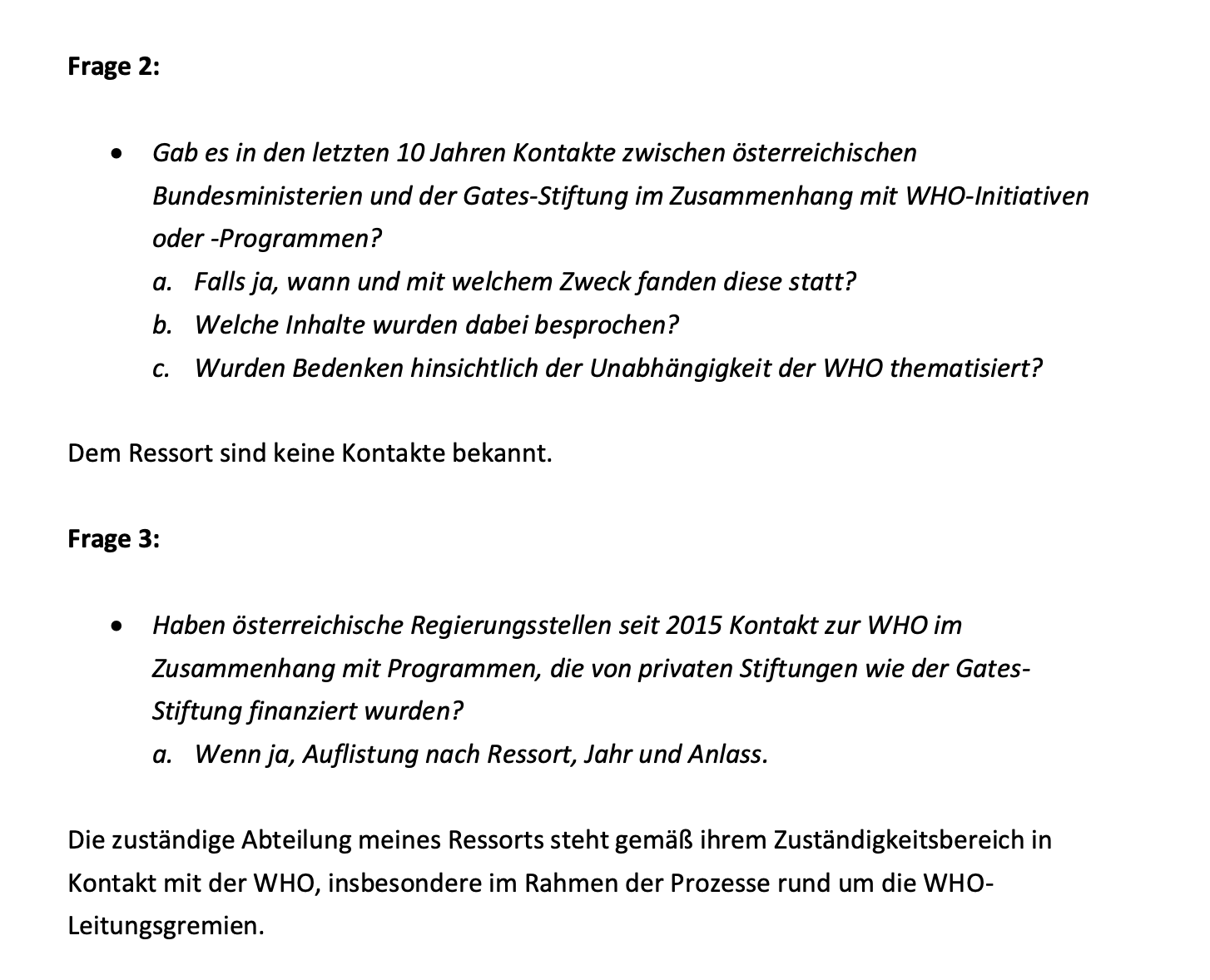 Auszug der Anfragebeantwortung durch Bundesministerin Schumann.