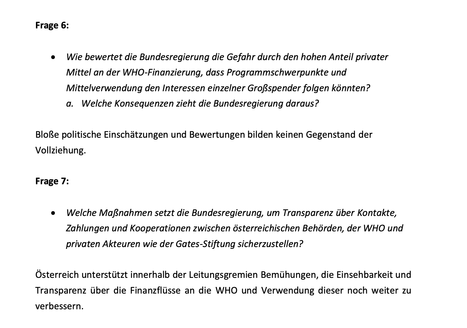 Ausschnitt der Anfragebeantwortung durch Bundesministerin Schumann.
