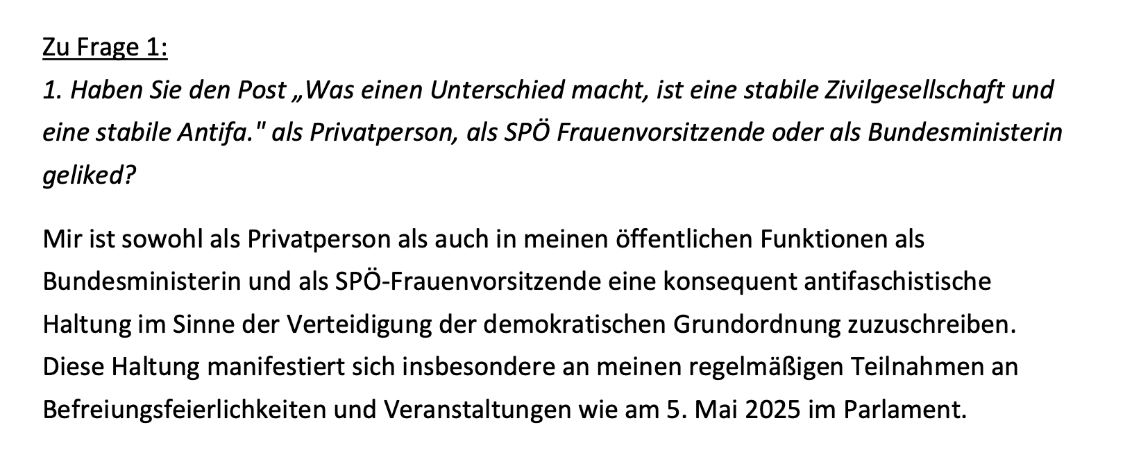 Ein Ausschnitt aus der Anfragebeantwortung durch Bundesministerin Holzleitner (SPÖ)