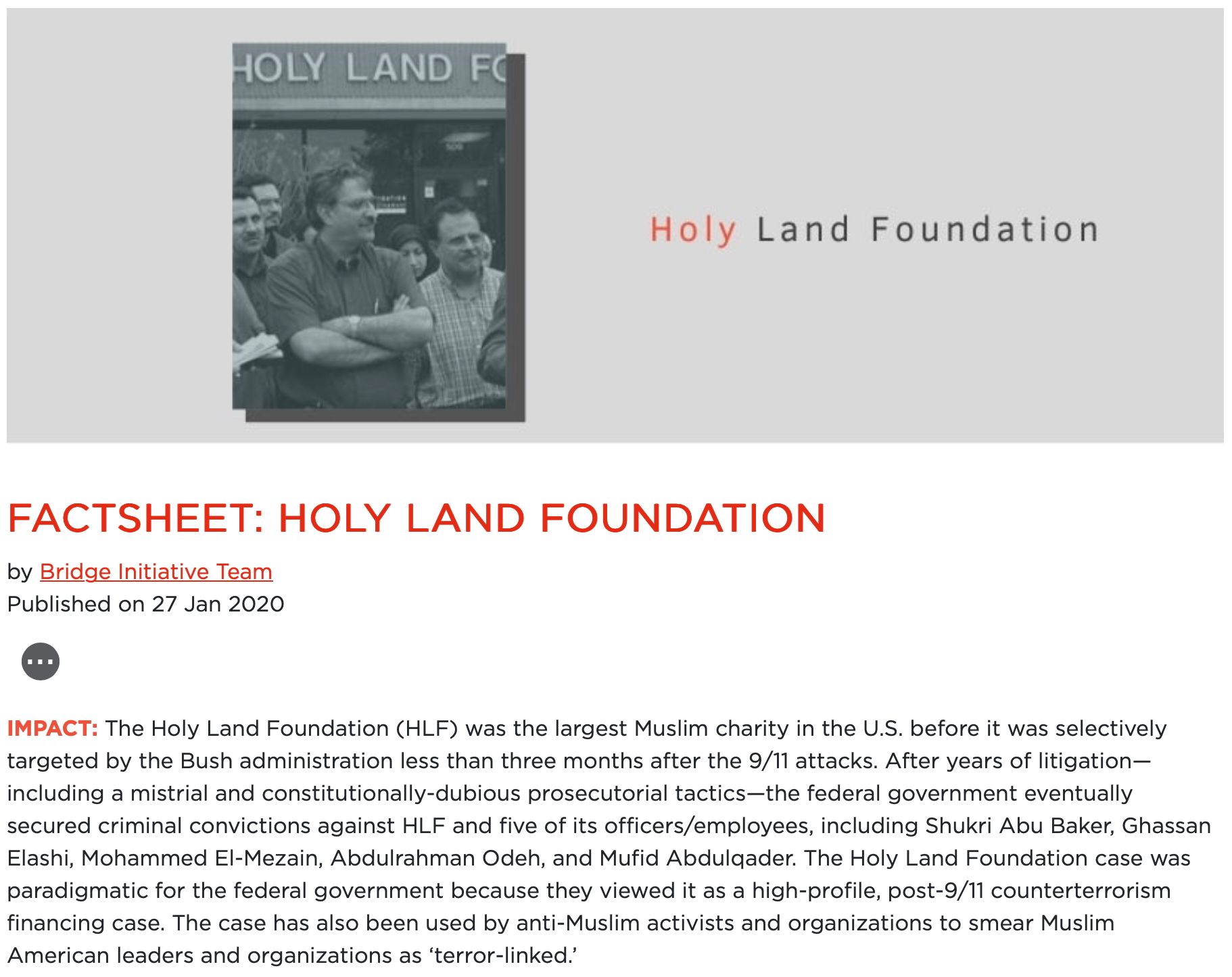 Screenshot aus dem Webarchiv: Im Factsheet der Bridge Initiative wird die Holy Land Foundation als verfolgte muslimische Hilfsorganisation dargestellt, verfolgt durch ein angeblich fragwürdiges Verfahren.