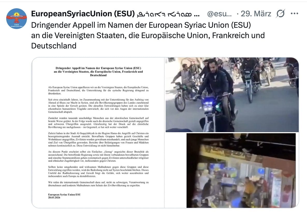 Die European Syriac Union (ESU) richtet einen Appell an europäische Länder, angesichts der Gewalt gegen christliche Bürger ihre Unterstützung der syrischen Regierung zu überdenken.