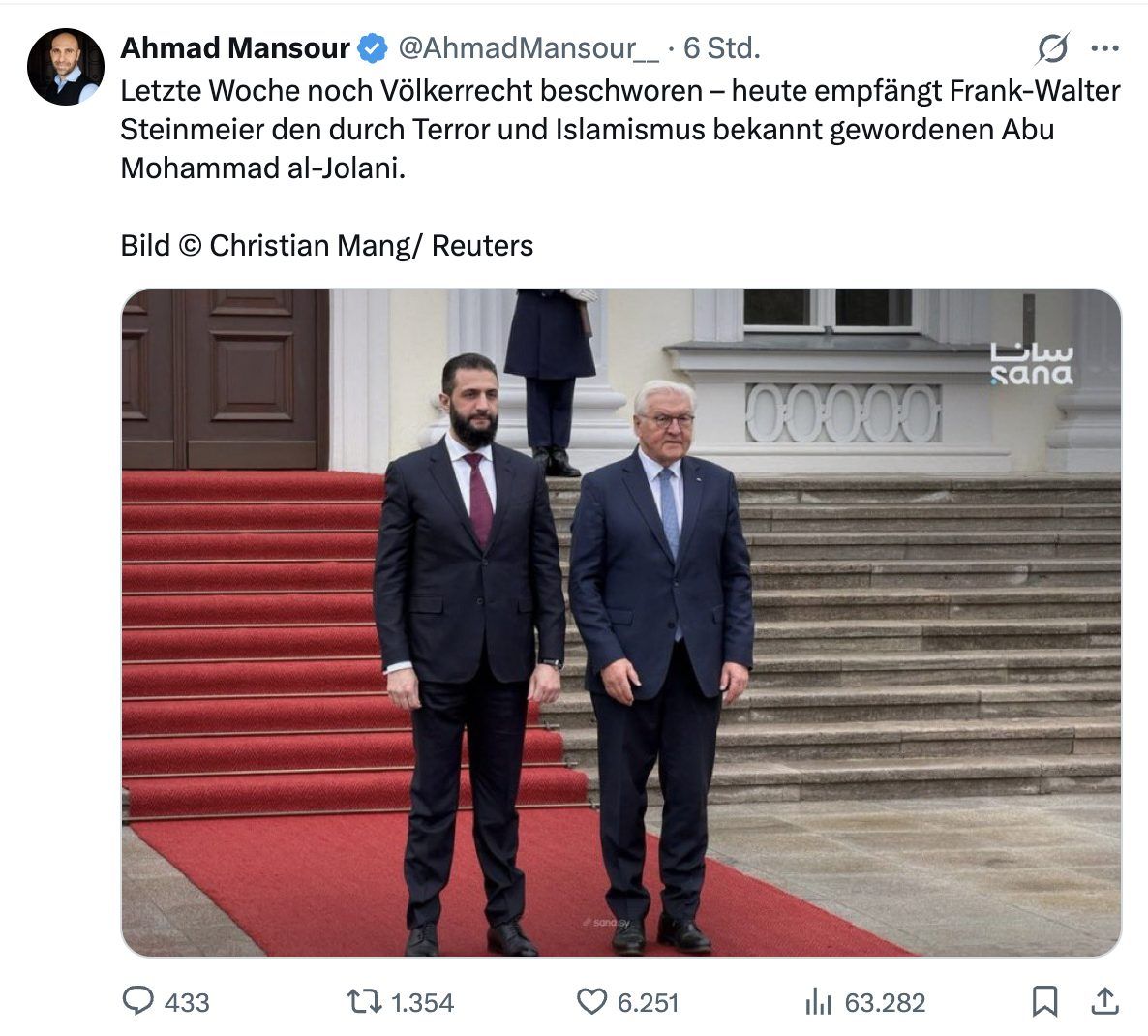 Der deutsch-israelische Psychologe und Islamismus-Experte Ahmad Mansour weist darauf hin, dass al-Scharaa früher Teil des Terrornetzwerks al-Quaida war.