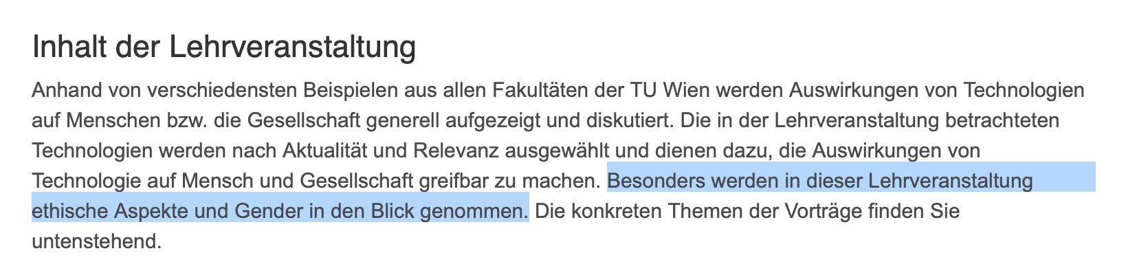Inhalte der Lehrveranstaltung Technik für Menschen.