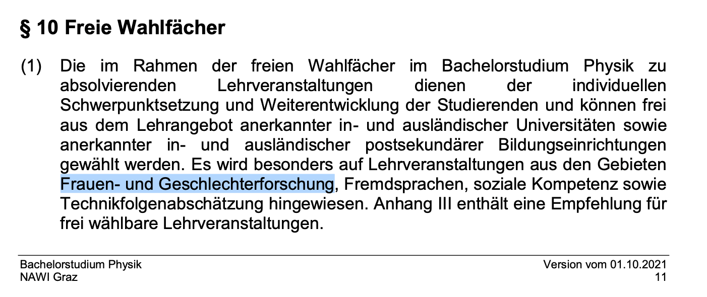 Screenshot aus dem Curriculum für das Bachelorstudium Physik der Technischen Universität Graz.