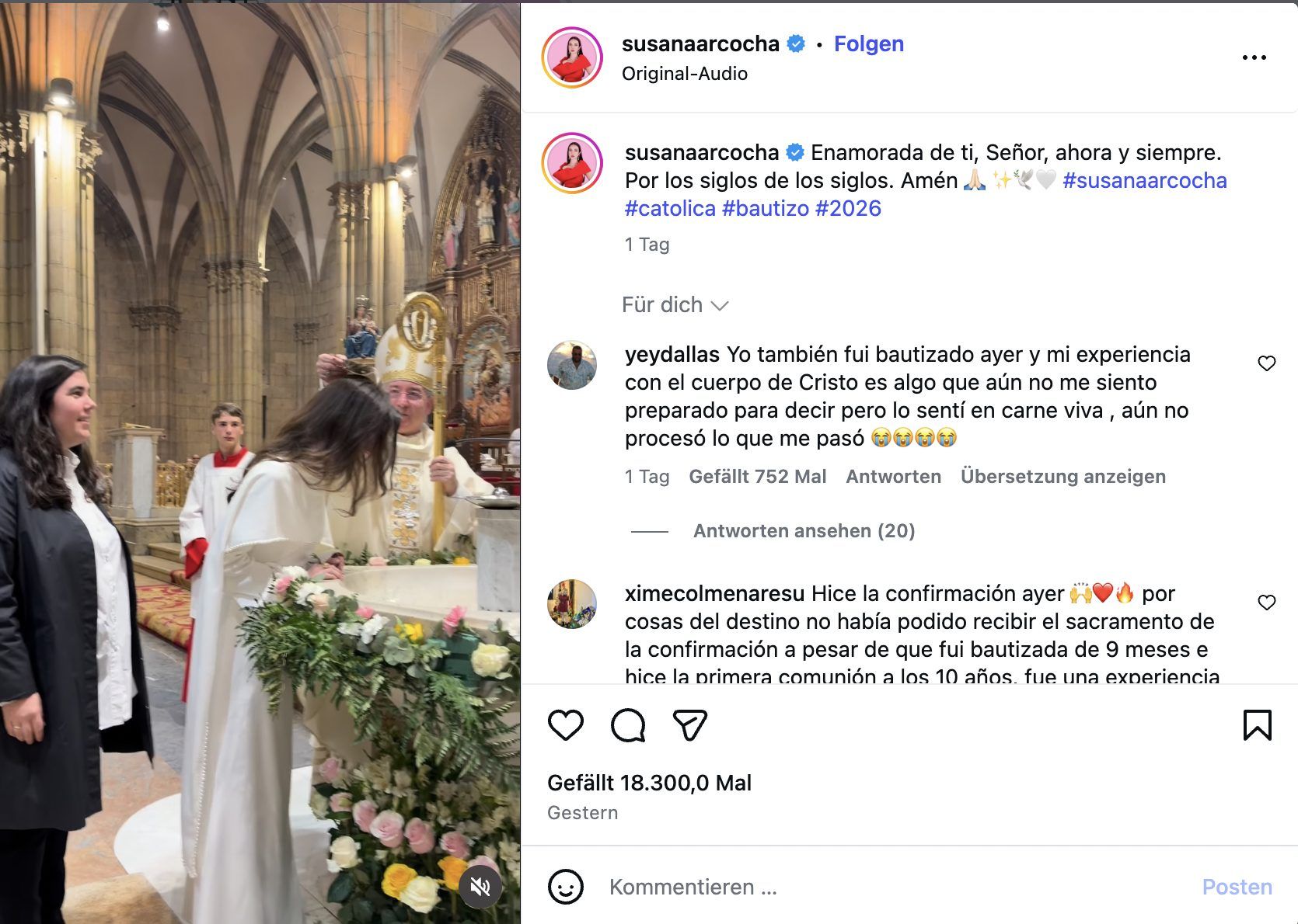 Die spanische Mode-Influencerin Susana Arcocha verkündete am Ostermontag, dass sie in die katholische Kirche eingetreten ist. Auf Instagram hat sie fast 600.000 Follower.
