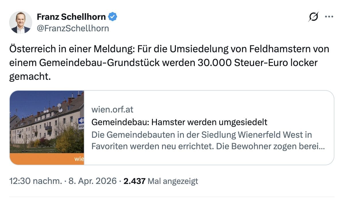 Mit feinem Sarkasmus kritisiert Franz Schellhorn, Leiter der wirtschaftsliberalen Denkfabrik Agenda Austria, den Hamster-Umzug auf Steuerzahlerkosten.