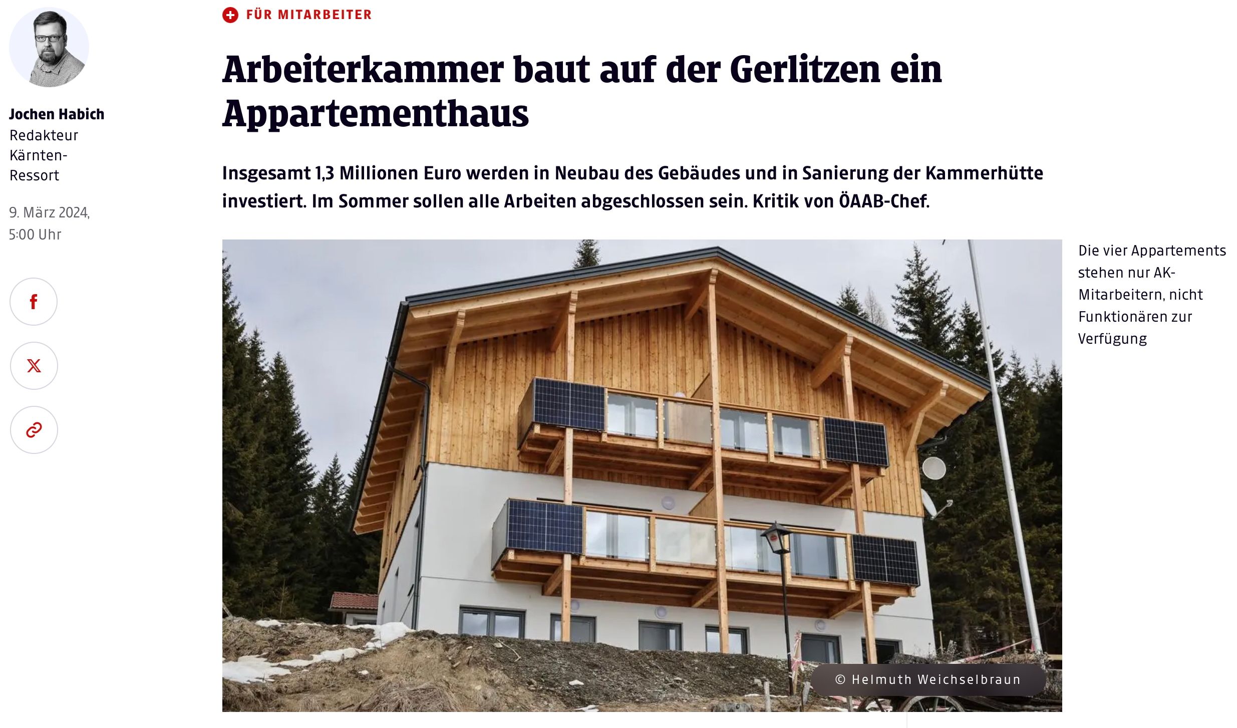 Screenshot: Bericht der „Kleinen Zeitung“ über das AK-Appartementhaus auf der Gerlitzen