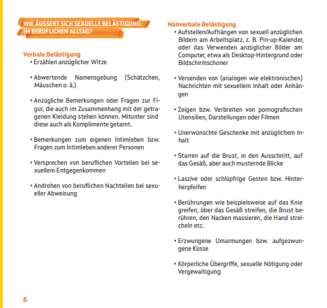 Hier könne Sie die konkreten Tatbestände von verbaler und nonverbaler Belästigung nachlesen.