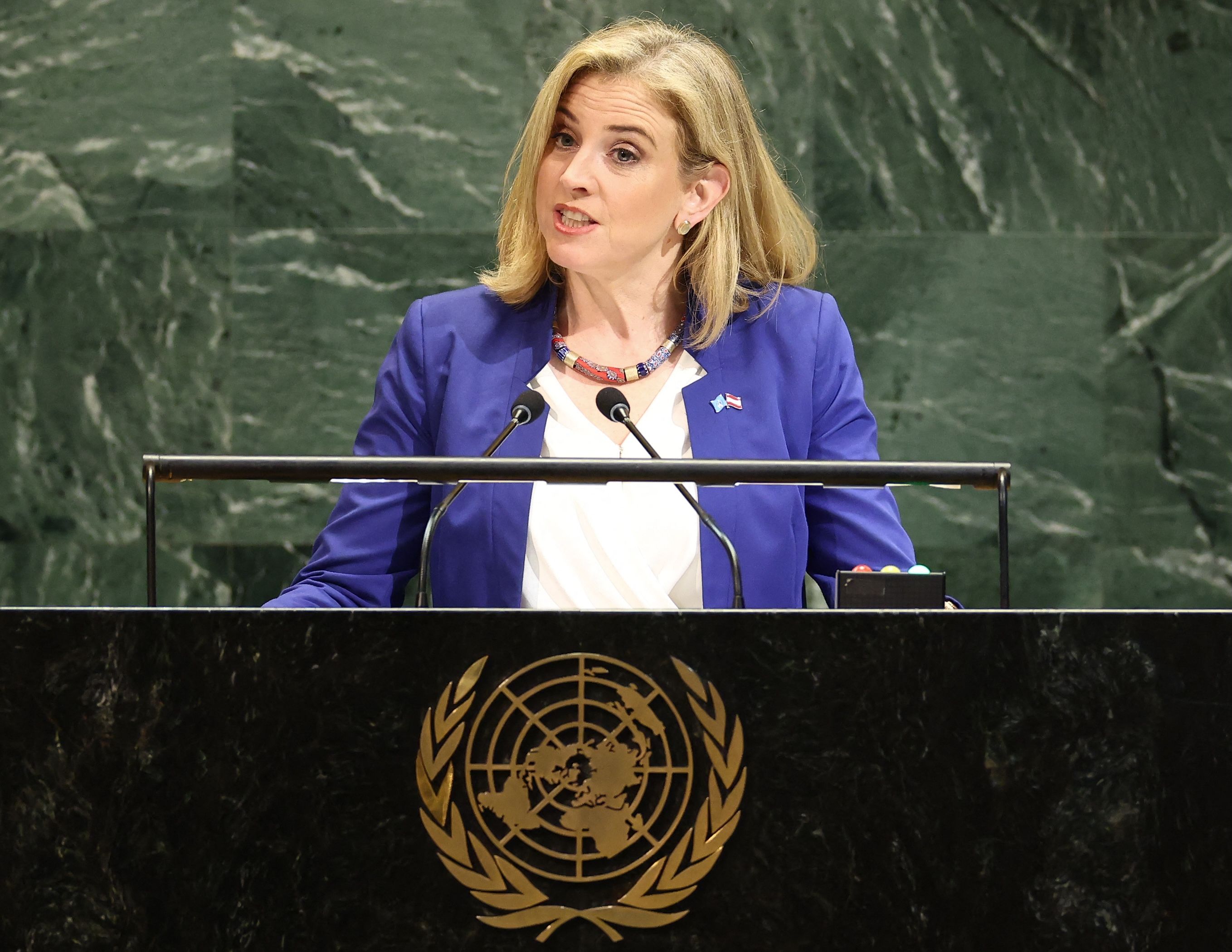 Beate Meinl-Reisinger bei einer Rede vor den Vereinten Nationen: Das Außenministerium weist alle Vorwürfe im Iran-Fall zurück.