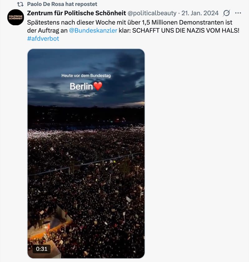 Auch ein linksradikales Künstlerkollektiv wurde von De Rosa repostet.