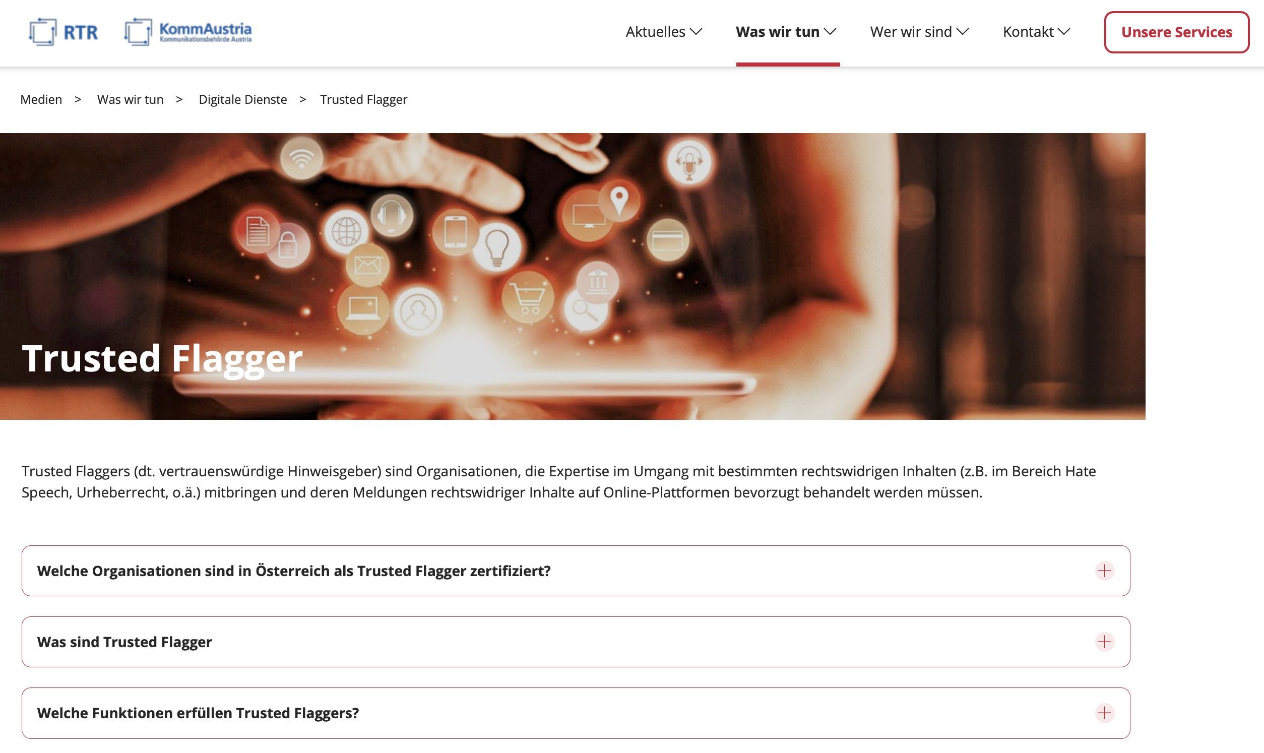 Auf der Homepage der Komm Austria finden Sie Informationen zu den Trusten Flagger.