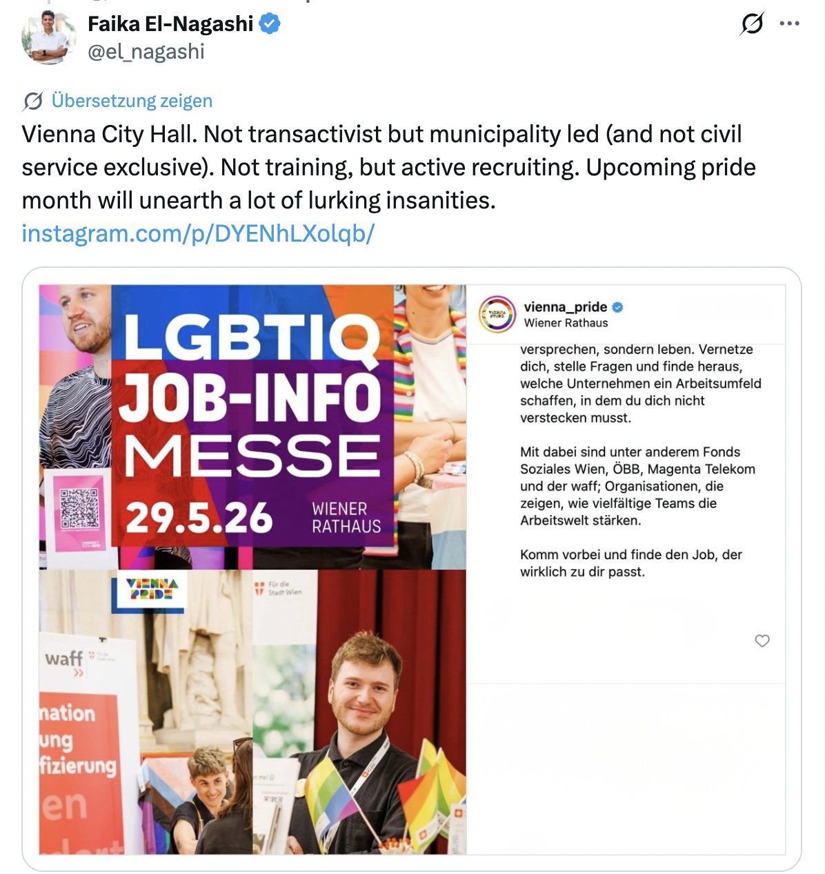 Die Ex-Grünen-Nationalratsabgeordnete Faika El-Nagashi schreibt auf X: „Der bevorstehende Pride-Monat wird viele lauernde Absurditäten ans Licht bringen“