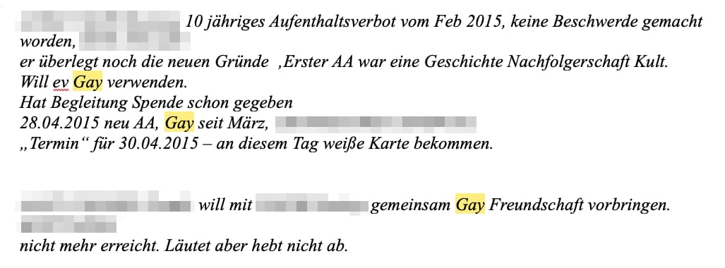 „Gay seit März“: Aktenvermerke, die laut Rohrhofer zeigen, wie Fluchtgründe konstruiert wurden.