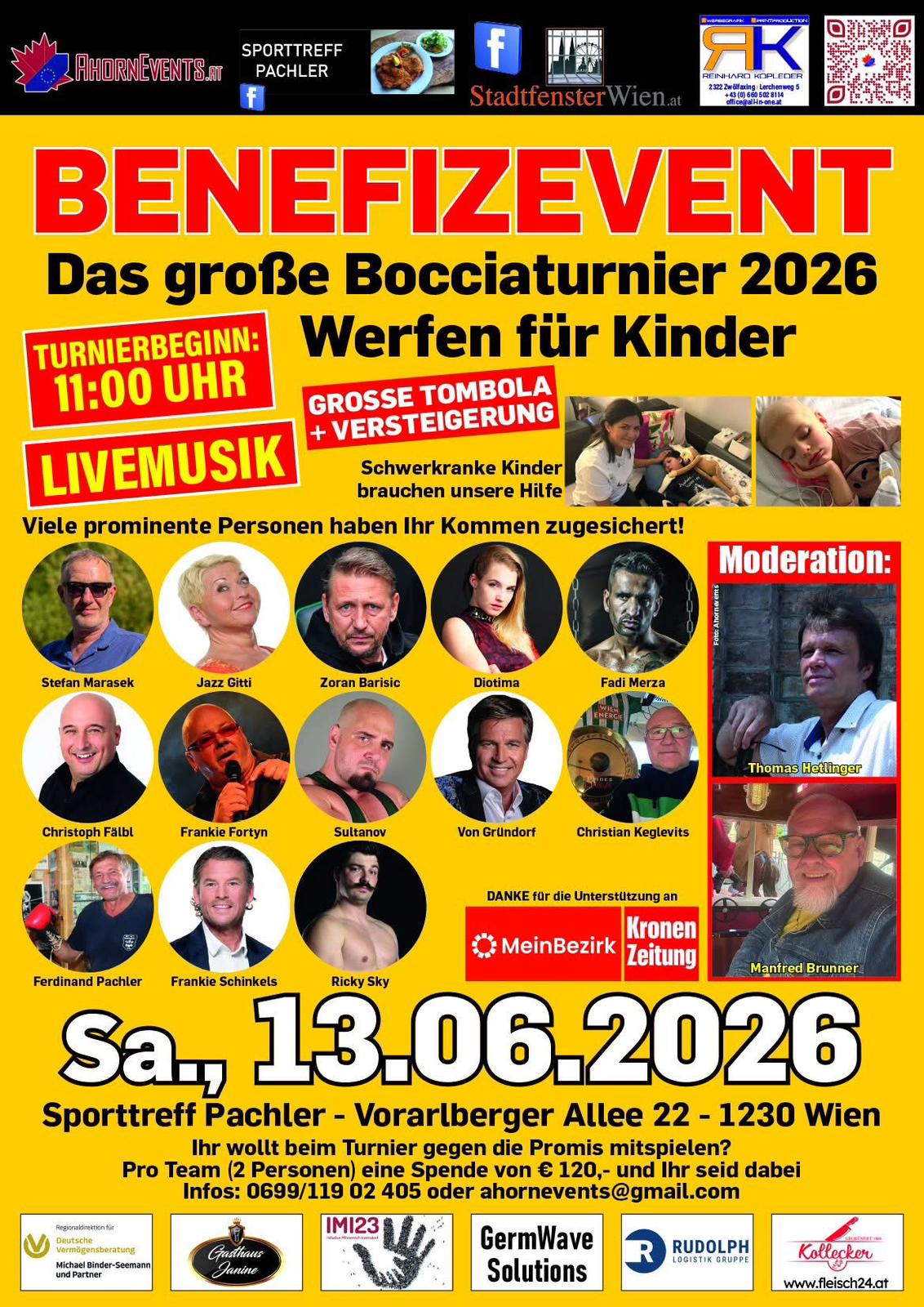 Veranstalter Thomas Hetlinger, Zauberer Tony Rei, Rapid Veteran Stephan Marasek und der kleine Raphael mit seiner Mutter.