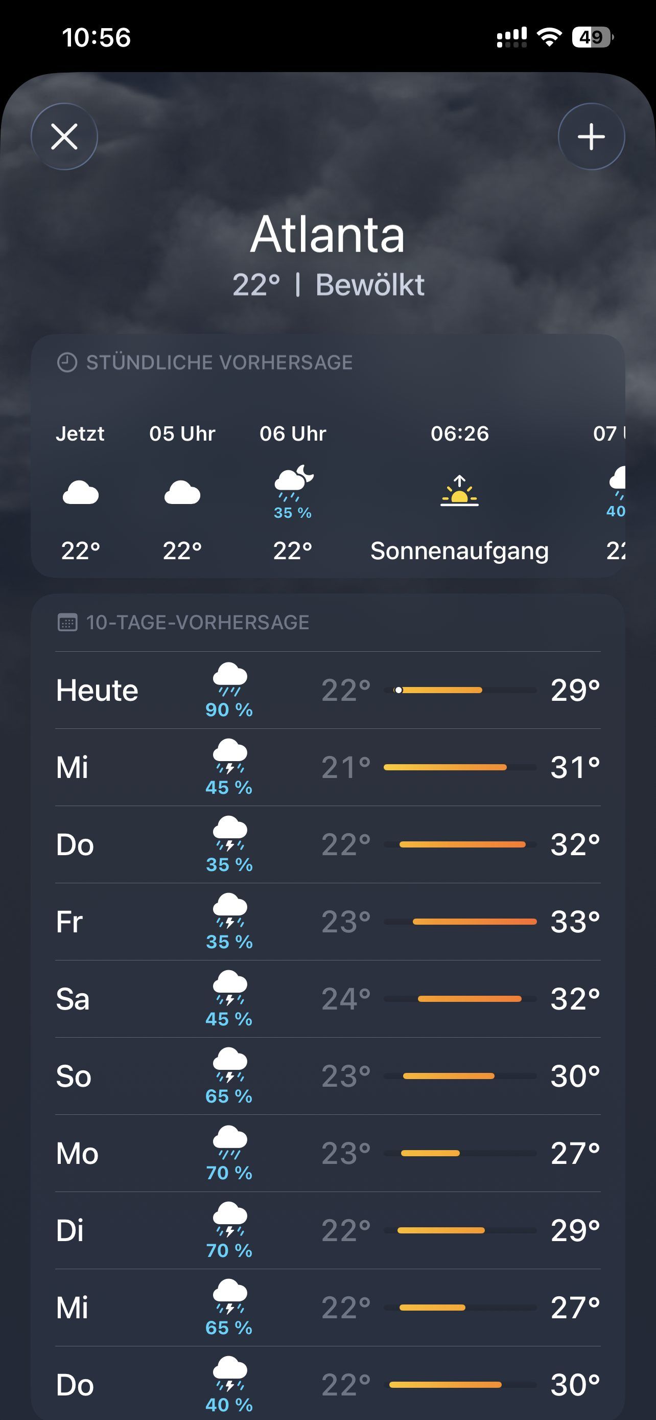 Screenshot des iPhone-Wetters am 9. Juni 2026 um 10:56 Uhr.