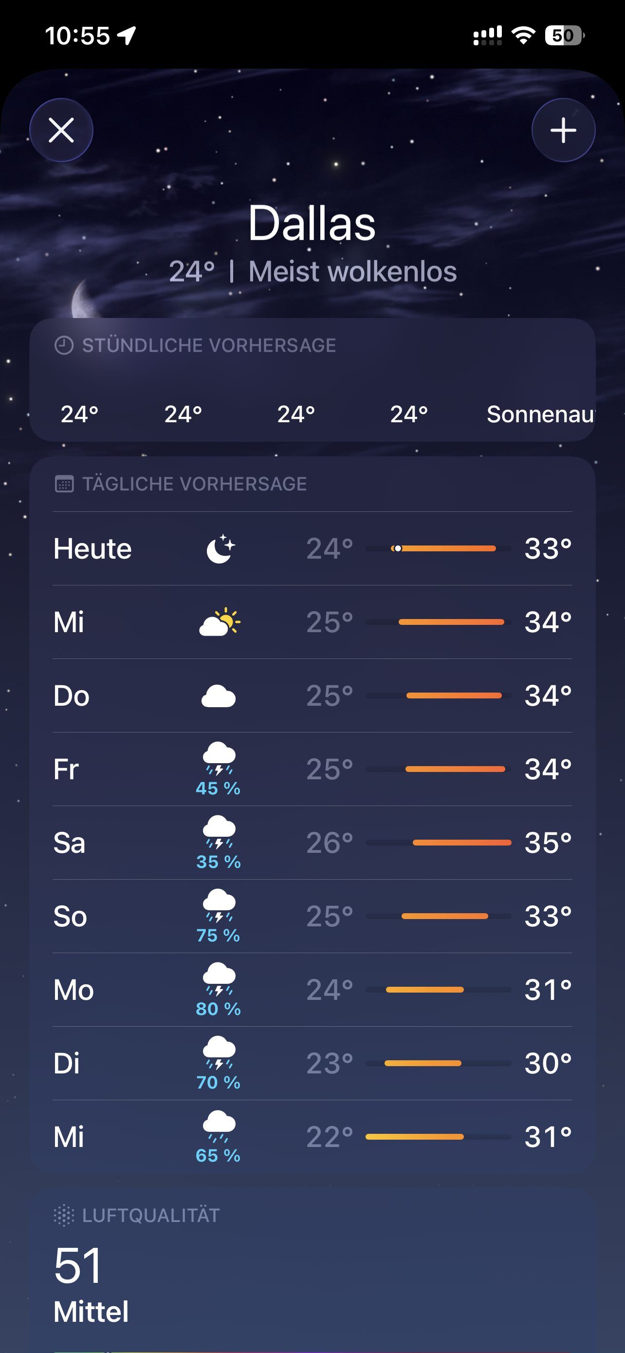 Screenshot des iPhone-Wetters am 9. Juni 2026 um 10:55 Uhr.