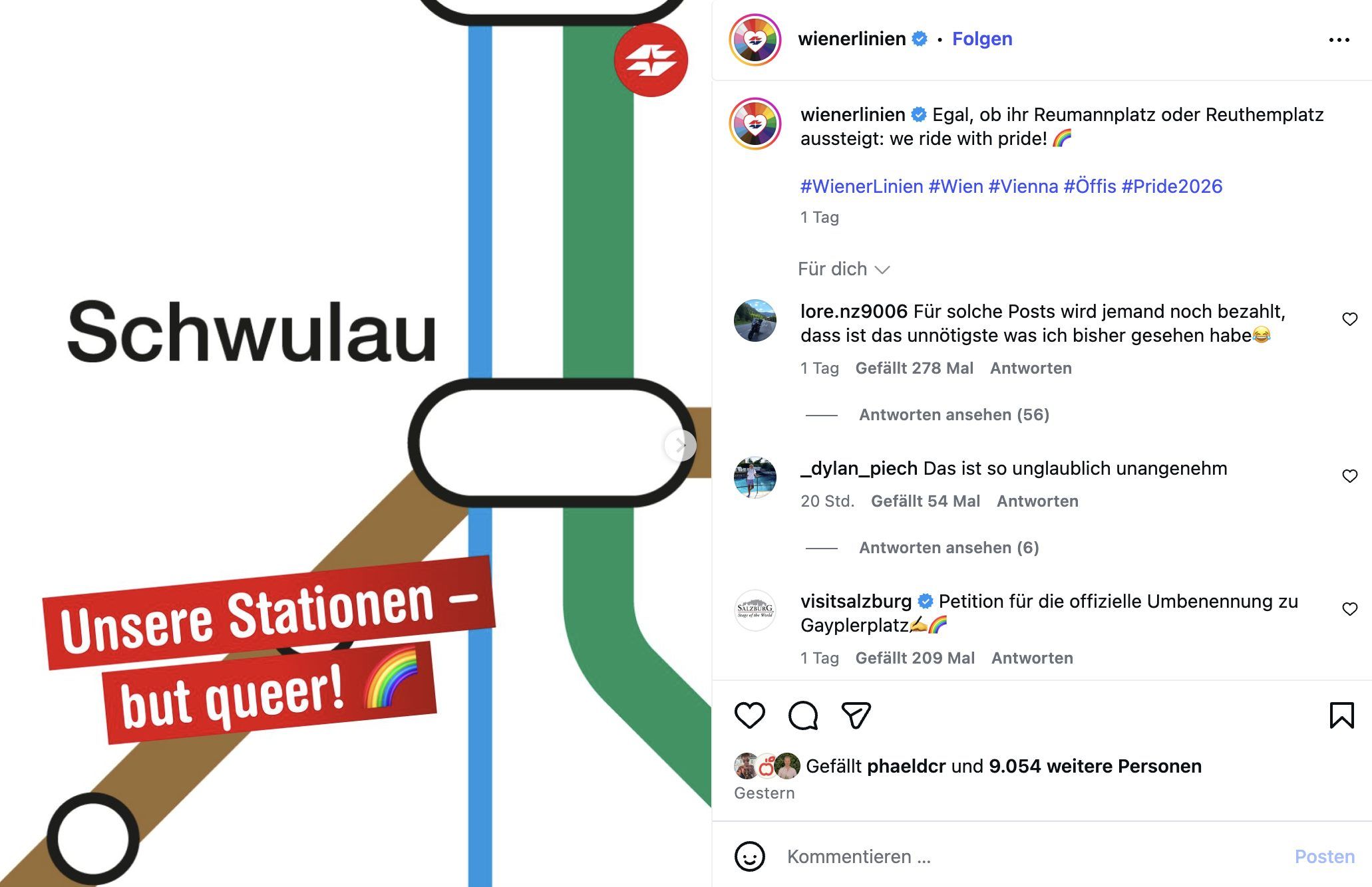 Die Wiener Linien machen auf Instagram aus Spittelau „Schwulau“.