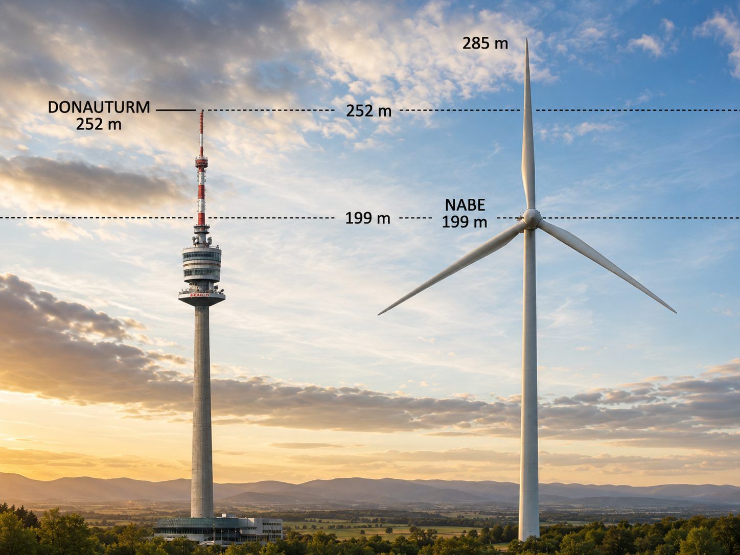Vergleich der Höhe des Donauturms mit den geplanten Windrädern.